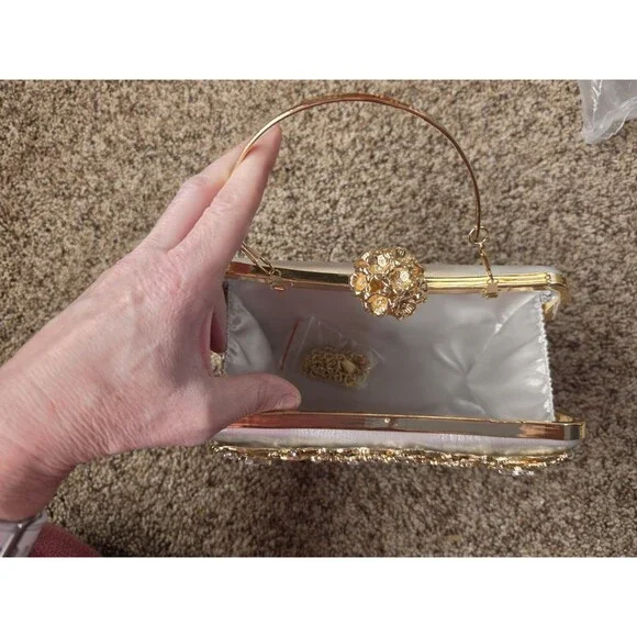 Gold Floral Crystal Metallic Top Handle Clutch Detachable Strap Women - Picture 4 of 7